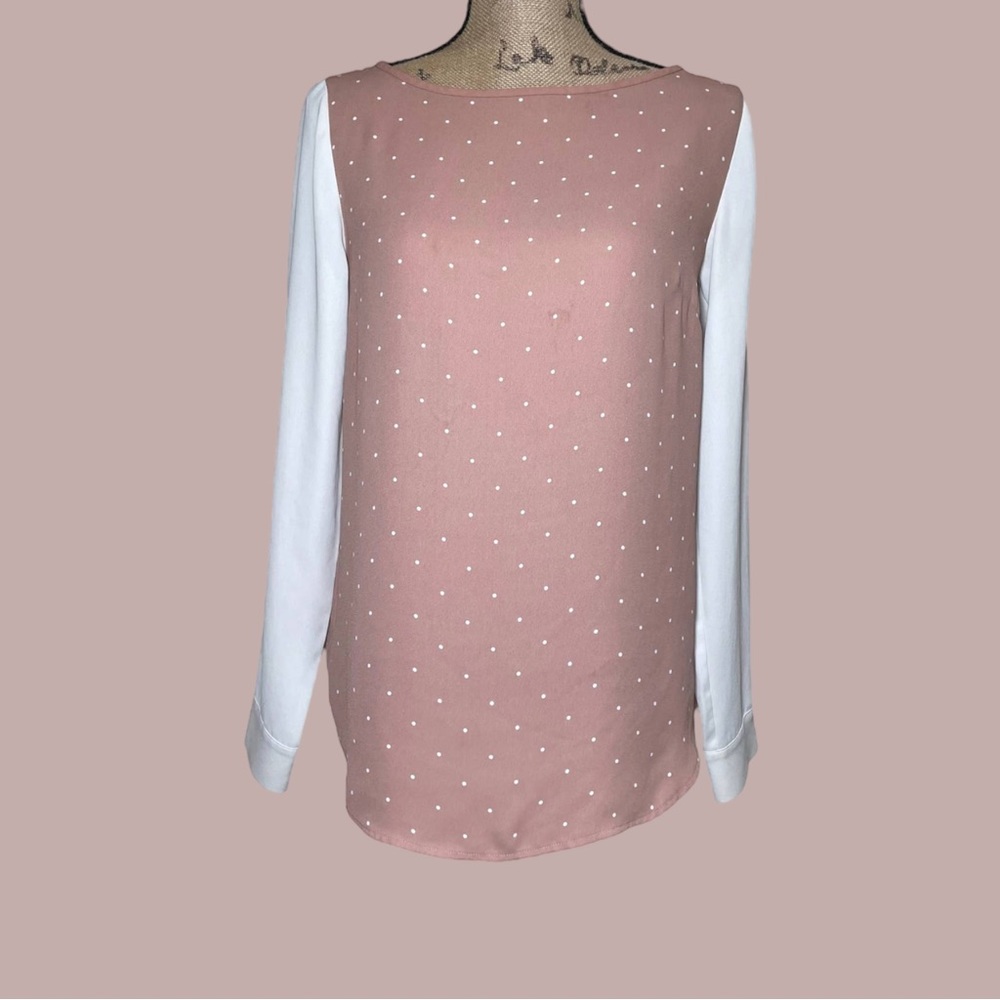 LOFT Long Sleeve Champagne/Dusty Pink Polkadot Color Block Chiffon Blouse